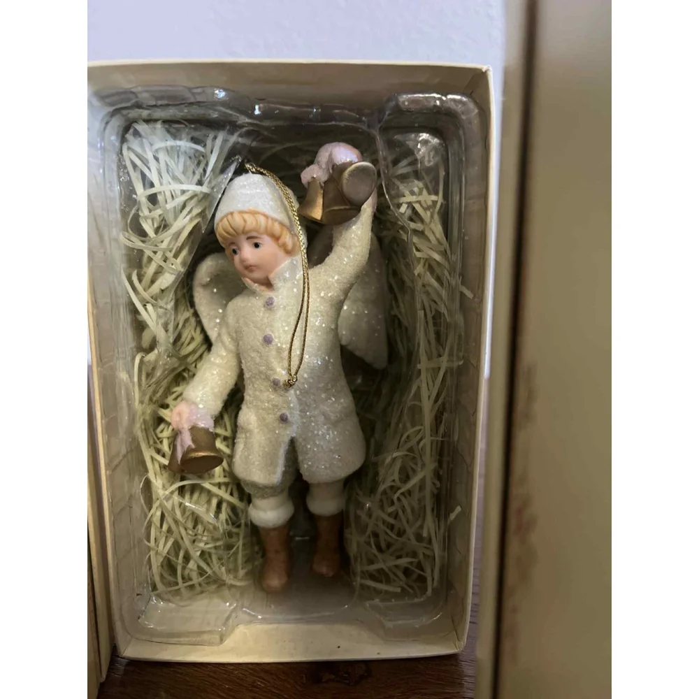 Vintage-Style Porcelain Angel Ornaments SET OF 7 W/ Boxes Costco Import Glitter